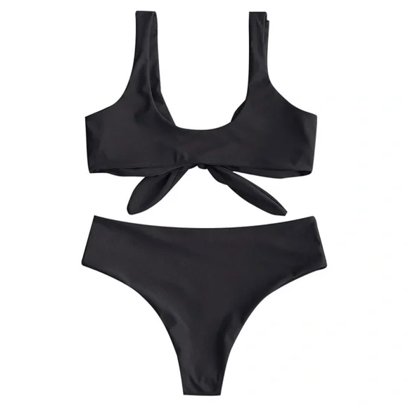 Womens Solid Color Strap Padded Front Knot Bikini Set sz 6 - Picture 2 of 8